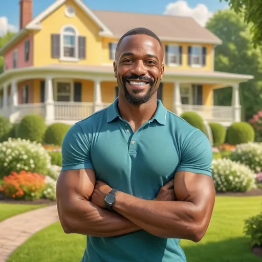 Prompt: photorealistic image, (smiling African-American man), muscular build, arms crossed, beard and mustache, beautiful home in the background, freshly manicured lawn, vibrant trees, children playing in the background, warm and inviting atmosphere, bright and cheerful colors, lush greenery, ultra-detailed, HD clarity, sunlit scene, friendly demeanor, joyful ambiance.