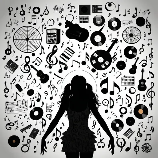 Prompt: silhouette of a woman and around her are random phrases, symbols, musical note and instruments, the whole scene is black on white and should give the impression that the woman is surrounded by confusion