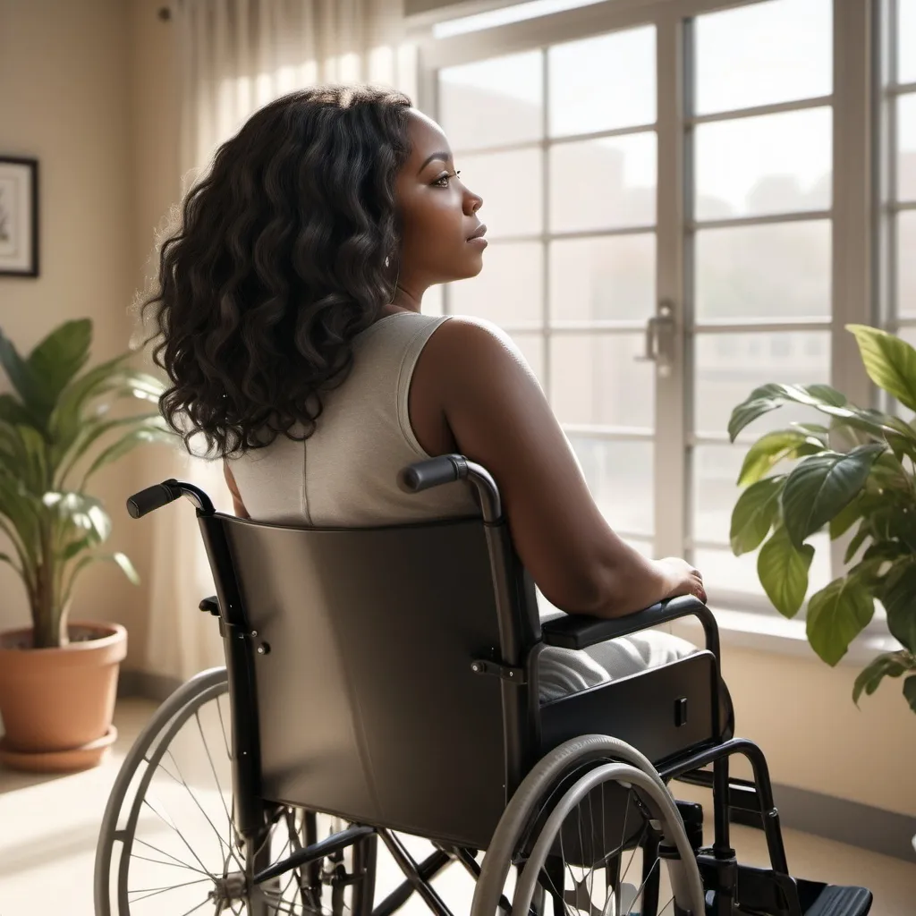 Prompt: a photorealistic image of the back of a curvy African-American woman, shoulder-length black wavy hair, sitting in a wheelchair, with her back to the camera, looking out of (large picture window) with natural sunlight pouring into the hospital room, warm atmosphere, soft shadows, comforting feel, house plants, ultra-detailed, high-resolution, inviting and serene ambiance 