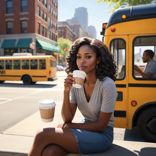 Prompt: photorealistic portrait of an African-American woman, (shoulder-length wavy black hair), (legs crossed) while sipping from a takeout coffee cup, sitting alone at a bus stop, vibrant downtown city backdrop, bustling atmosphere with diverse crowds passing by, bright sunlight casting warm shadows, high detail, (inviting ambiance) reflecting urban life, capturing a moment of solitude amid activity.