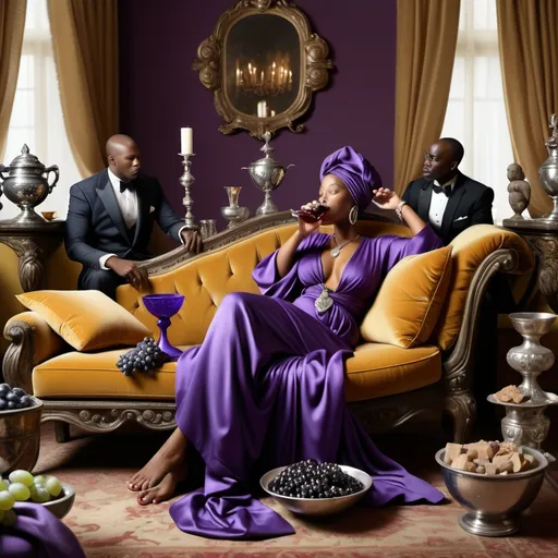 Prompt: lounging on a large orate chaise lounge, she is surrounded by pillows and blankets and other luxurious items, she is drinking wine from a large silver goblet, there are three African-American men standing nearby, each carrying a bowl, and one bowl is an overflow of beautiful jewelry, in another bowl is an overflow of purple grapes, in another bowl is topped off with the finest spices, the mood is rich, hedonistic, sensual, moody, decor is Mediterranean-style, the lighting is bright, intense and dramatic