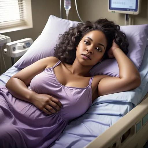 Prompt: Photo-realistic, high-resolution image of a curvy, light-skinned African-American woman lying in a hospital bed, wearing a purple nightgown. She has shoulder-length, wavy black hair. The room is brightly lit with soft, warm light. The woman’s skin shows dry, flaky scaling, and she is looking at her arm with a vulnerable expression.