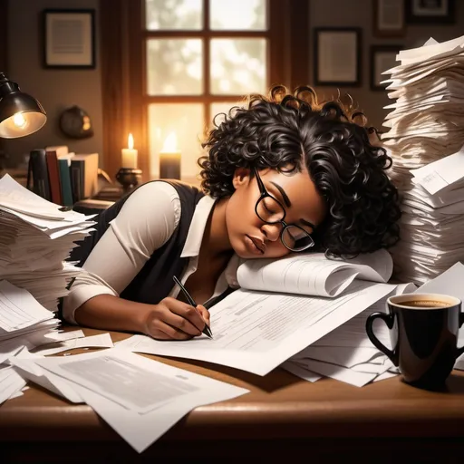 Prompt: (curvy woman sleeping),  African American, elegant glasses, Short curly black hair, surrounded by tall piles of paperwork, spilled coffee cup on wooden desk, cozy and chaotic ambiance, warm lighting, cozy atmosphere, intricate details of papers scattered, serene expression, ultra-detailed, high quality, inviting and relatable scene.