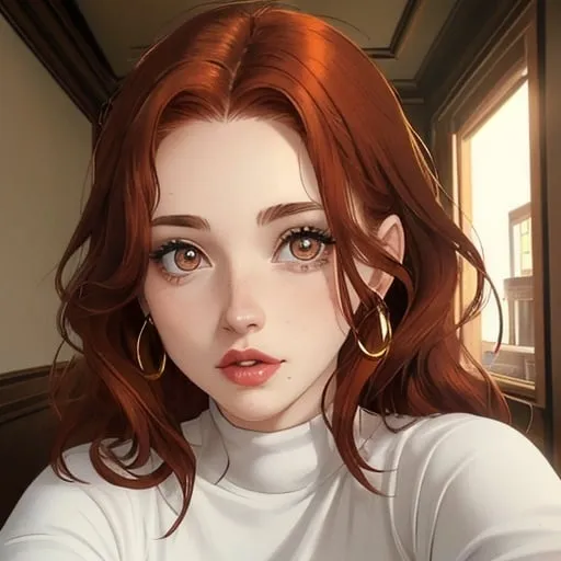 Prompt: woman with brown-red hair, wide nose, hazel eyes with reddish edge on their pupil, medium sized lips that is medium, wearing white with gold accent