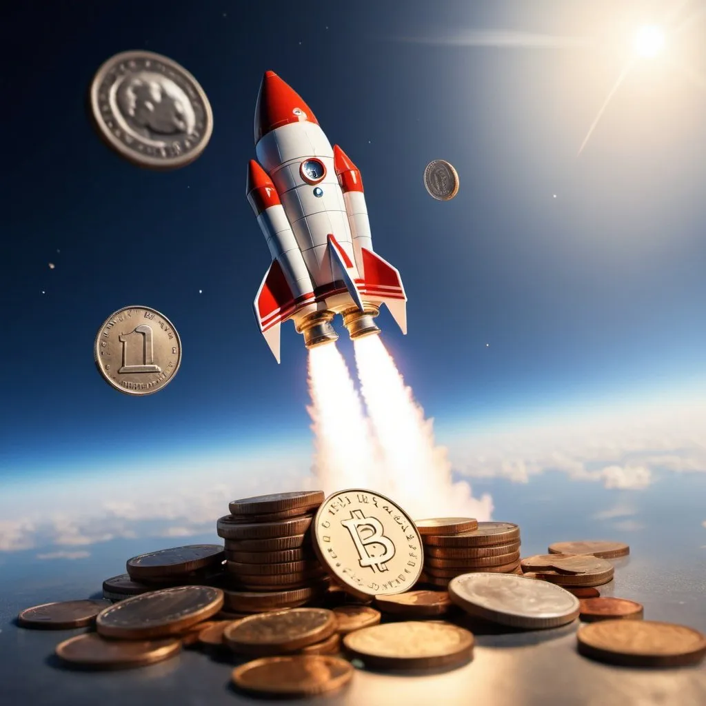 Prompt: Rocket flying next to the coin
