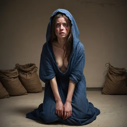 Prompt: a young woman dressed in a long simple dress made of sack cloth cinched at the waist with a simple string. Her long brown hair is hidden by a dark blue hood that overshadows her face. Her face is beautiful, despite the bruising on her check and neck. She looks up at the camera with pleading eyes. Full body shot, wide angle, full frame, realistic character art, dark lighting, dramatic light, bruised skin, bruised cheek, blemishes, dirt, dried blood, roughed up, hurt, desperate eyes, sad, ample chest, looking up, blue hood, sack cloth dress, crouched down, kneeling down