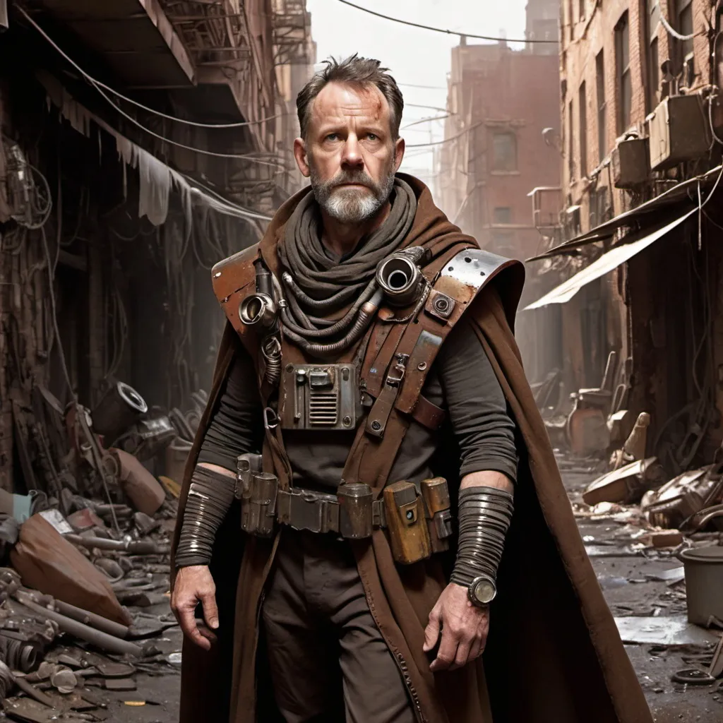 Prompt: Character art featuring a 50 year-old male standing in a busy alleyway on an alien planet. Sci-fi concept art. Rustic scrap metal rusted. Dark lighting, Nighttime. The man has a solider build, with a beard. steam punk pauldron shoulder armor only. Minimal armor. Shoulder cape. He is holding a shrapnel gun a makeshift steampunk weapon, scrap metal, spare parts, old parts, old armor, rusty metal, worn metal, broken metal, broken machine parts, scrap metal, Light armor made from spare parts. Mismatched armor. tubes and wires on the armor. Sci-fi Star Wars. Add a capelet. Shoulder cape, Cape over the shoulder, the armor has tubes and exposed wires. The armor should be made of scrap metal, dirty armor made of scraps, minimal armor, armor with big gaps, The armor should have have mismatching colors, variety of neutral colors, neutral tones, the background should be a dark busy street with buildings on both sides. Messy and busy design.