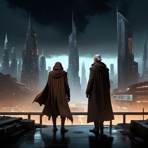 Prompt: a wide angle distant shot of A 20 year old Jedi in a brown hood grabbing a flash drive data stick from an Older man. Star Wars Concept art. Dark city background. Dynamic lighting. coruscant underworld. Night time. Visual distinction between two characters. Young Man meets Old man. Neon lights. Polluted sky, Steam. dark towers and bridges, black skyscrapers. hazy background, wide angle, distant, shot from far away. 