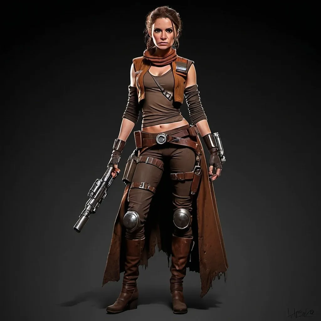 Prompt: Female Star Wars Character art, Star Wars smuggler Black background. RPG character. Full body art. Detailed face, metal knee armor pads. Tight fitting torn clothing, brown robes, rusted armor, rusted clothes,  steam punk metallic pauldron shoulder armor only, scrappers, half steam punk goggles, ripped clothes, weathered clothing, exposed, dark color scheme, rust, 