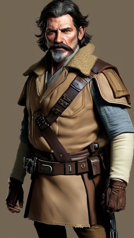 Prompt: A Star Wars character, Male, middle aged, brown shoulder length hair, salt and peppered beard and mustache, Italian looking, Brown jacket with high collar, straps and buckles, Holster, silver belt buckle, utility belt, blaster pistol,  Star Wars concept art, full frame, full body shot, realistic face, Blaster pistol in right hand


