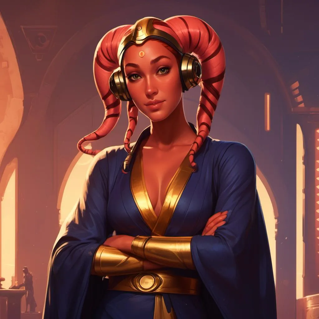 Prompt: <mymodel> youthful face, light red skin, Twilek character art in the  Star Wars universe, high schooler, light red skin, enticing smile, tentacles on head, elegant dress robes low cut long sleeves, exposed skin, portrait, high school age, young, youth, teenage, dark blue robes with gold accents 
