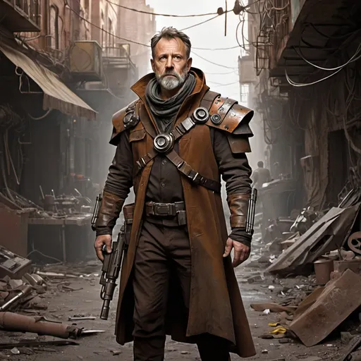 Prompt: Character art featuring a 50 year-old male standing in a busy alleyway on an alien planet. Sci-fi concept art. Rustic scrap metal rusted. Dark lighting, Nighttime. The man has a solider build, with a beard. steam punk pauldron shoulder armor only. Minimal armor. Shoulder cape. He is holding a shrapnel gun a makeshift steampunk weapon, scrap metal, spare parts, old parts, old armor, rusty metal, worn metal, broken metal, broken machine parts, scrap metal, Light armor made from spare parts. Mismatched armor. tubes and wires on the armor. Sci-fi Star Wars. Add a capelet. Shoulder cape, Cape over the shoulder, the armor has tubes and exposed wires. The armor should be made of scrap metal, dirty armor made of scraps, minimal armor, armor with big gaps, The armor should have have mismatching colors, variety of neutral colors, neutral tones, the background should be a dark busy street with buildings on both sides. Messy and busy design.