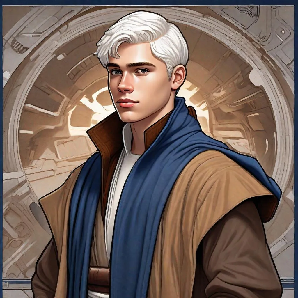Prompt: 20 year old, young, Detailed art, Handsome young man with short clean white hair, short back hair, well groomed, combed over hair,  dark blue tunic vest, shoulder pad, brown overcoat with flowing robes, high collar, traveler, traveling outfit, adventurer outfit  Star Wars character art, detailed textured fabric. Cloth neck gaiter, robes, tight white hair, holster, belt, rich, blaster pistol, pistol, Star Wars 
