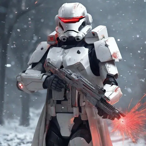 Prompt: Shooting gun firing gun aiming gun Snow Soldier, winter coat, Sci-fi, Aiming Laser Gun, Mask, shooting, white, concept art, armor, helmet, full body image, shooting blaster, aiming, aiming, sci-fi, red lenses in helmet, aiming fun, futuristic, round helmets, trooper, firing laser gun. Full body image, standing, laser bolt leaving fun tip muzzle snow fur snow coat 

