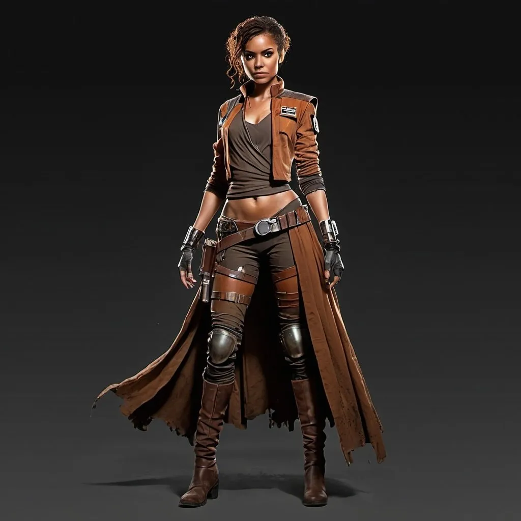 Prompt: Female Star Wars Character art, Star Wars smuggler Black background. RPG character. Full body art. Detailed face, metal knee armor pads. Tight fitting torn clothing, brown robes, rusted armor, rusted clothes,  steam punk metallic pauldron shoulder armor only, scrappers, half steam punk goggles, ripped clothes, weathered clothing, exposed, dark color scheme, rust, 