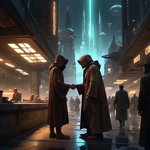 Prompt: A 20 year old Jedi in a brown hood grabbing a flash drive data stick from an Older man. Star Wars Concept art. Dark city background. Dynamic lighting. coruscant underworld. Night time. Visual distinction between two characters. Young Man meets Old man. Neon lights. Polluted sky, Steam. dark towers and bridges, black skyscrapers. hazy background