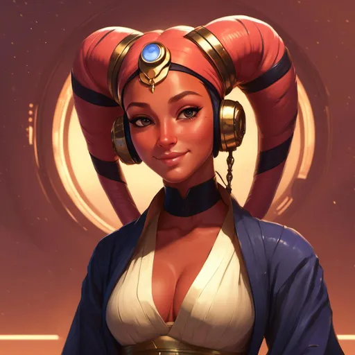 Prompt: <mymodel> cute smile, for eyes, youthful face, light red skin, Twilek character art in the  Star Wars universe, high schooler, light red skin, enticing smile, two tentacles on head, elegant dress robes low cut long sleeves, exposed skin, portrait, high school age, young, youth, teenage, dark blue robes with gold accents 
