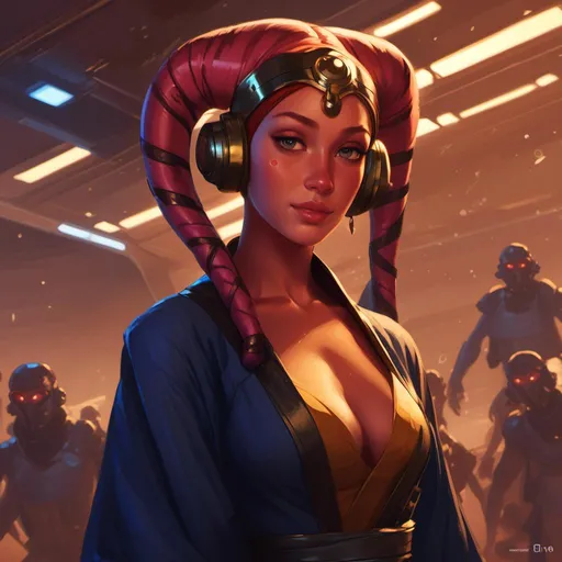 Prompt: <mymodel> youthful face, light red skin, Twilek character art in the  Star Wars universe, high schooler, light red skin, enticing smile, two tentacles on head, elegant dress robes low cut long sleeves, exposed skin, portrait, high school age, young, youth, teenage, dark blue robes with gold accents 
