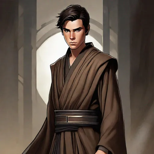 Prompt: 20-year-old Jedi, Dark brown layered robes over grey tunic, layered robes, brown robes, short black hair pulled back, brown Jedi belt with small silver buckle, square chin, young man, detailed art, high quality texture, Star Wars character art, dark brown and grey Jedi robes, grey tunic, black vest, realistic lighting, studio lighting on face, detailed texture, crewcut hair, High quality art, Detailed digital art, dynamic lighting, epic
