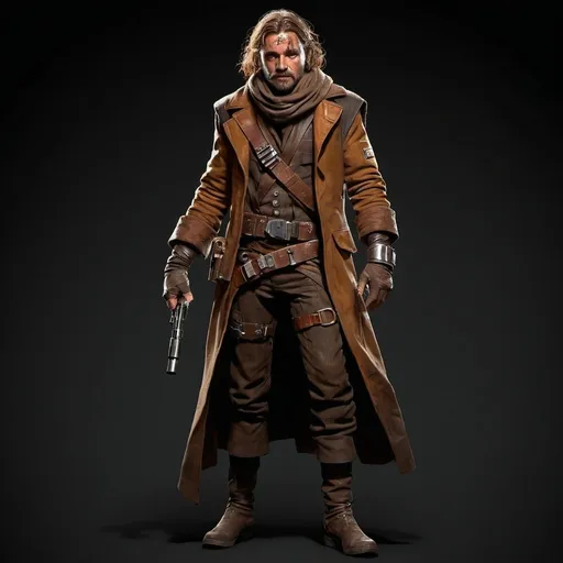 Prompt: Star Wars Character art, Star Wars smuggler Black background. RPG character. Full body art. Detailed face, metal knee armor pads. Tight fitting torn clothing, brown robes, rusted armor, rusted clothes,  steam punk metallic pauldron shoulder armor only, scrappers, half steam punk goggles, ripped clothes, weathered clothing, exposed, dark color scheme, rust, female 