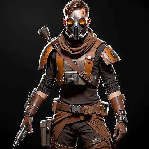 Prompt: Star Wars Character art, Star Wars smuggler Black background. RPG character. Full body art. Detailed face, metal knee armor pads. Tight fitting torn clothing, brown robes, rusted armor, rusted clothes,  steam punk metallic pauldron shoulder armor only, scrappers, half steam punk goggles, ripped clothes, weathered clothing, exposed, dark color scheme, rust