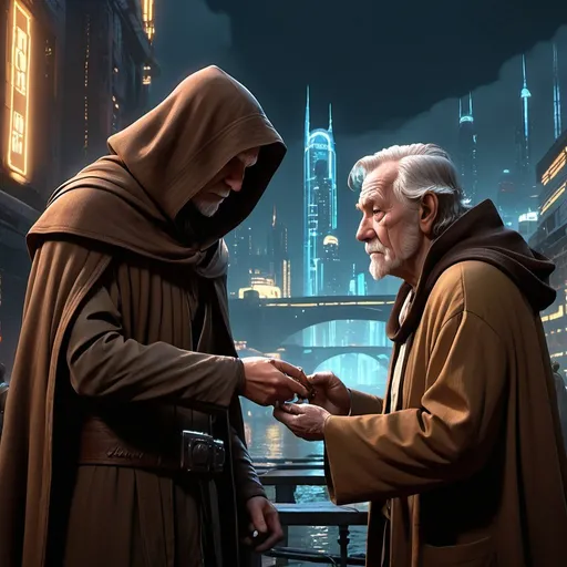 Prompt: A 20 year old Jedi in a brown hood grabbing a flash drive data stick from an Older man. Star Wars Concept art. Dark city background. Dynamic lighting. coruscant underworld. Night time. Visual distinction between two characters. Young Man meets Old man. Neon lights. Polluted sky, Steam. towers and bridges, skyscrapers. 