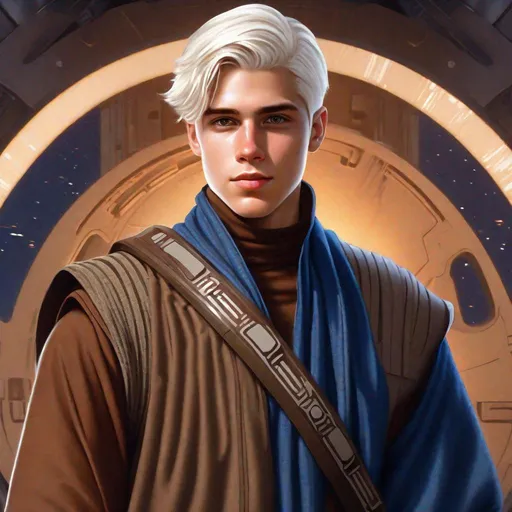 Prompt: 20 year old, young, Detailed art, Handsome young man with short clean white hair, short back hair, well groomed, combed over hair,  dark blue tunic vest, shoulder pad, brown overcoat with flowing robes, high collar, traveler, traveling outfit, adventurer outfit  Star Wars character art, detailed textured fabric. Cloth neck gaiter, robes, tight white hair, holster, belt, rich, blaster pistol, pistol, Star Wars 
