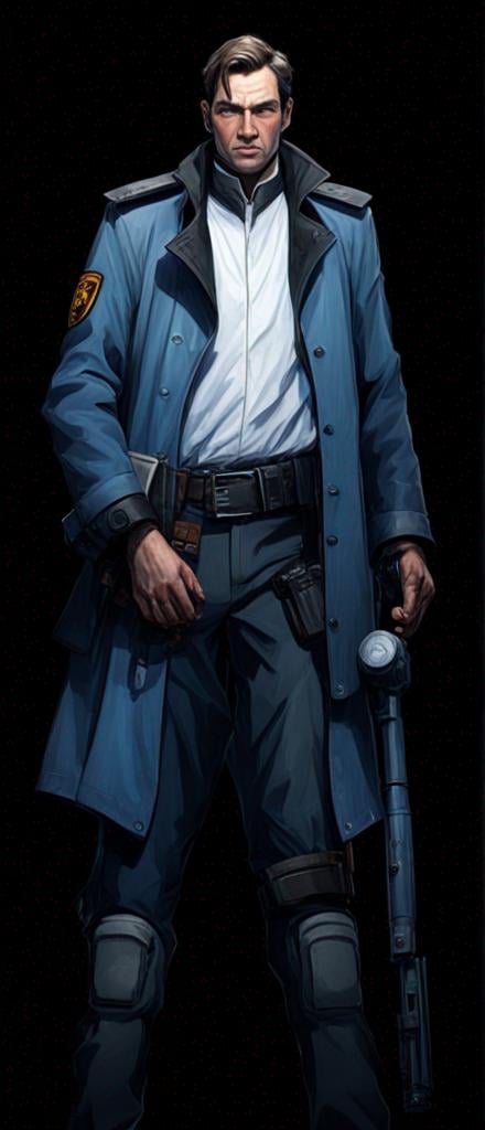 Prompt: Security officer, blue coat, uniform. black belt, holster, blaster, gun, white tunic collard shirt. Star Wars, sci-fi, science fiction, Bladerunner, Western, fantasy, character art, concept art

