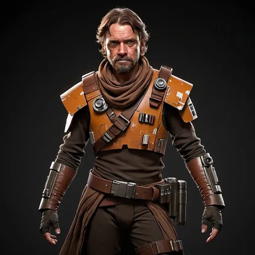 Prompt: Star Wars Character art, Star Wars smuggler Black background. RPG character. Full body art. Detailed face, metal knee armor pads. Tight fitting torn clothing, brown robes, rusted armor, rusted clothes,  steam punk pauldron shoulder armor only, scrappers