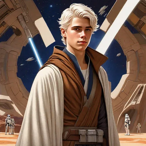 Prompt: 20 year old, young, Detailed art, Handsome young man with short clean white hair, short back hair, well groomed, combed over hair,  dark blue tunic vest, shoulder pad, brown overcoat with flowing robes, high collar, traveler, traveling outfit, adventurer outfit  Star Wars character art, detailed textured fabric. Cloth neck gaiter, robes, tight white hair, holster, belt, rich, blaster pistol, pistol, Star Wars 
