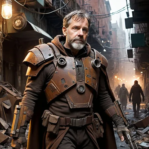 Prompt: Character art featuring a 50 year-old male standing in a busy alleyway on an alien planet. Sci-fi concept art. Rustic scrap metal rusted. Dark lighting, Nighttime. The man has a solider build, with a beard. steam punk pauldron shoulder armor only. Minimal armor. Shoulder cape. He is holding a shrapnel gun a makeshift steampunk weapon, scrap metal, spare parts, old parts, old armor, rusty metal, worn metal, broken metal, broken machine parts, scrap metal, Light armor made from spare parts. Mismatched armor. Sci-fi Star Wars. Add a capelet. Shoulder cape, Cape over the shoulder, the armor has tubes and exposed wires. The armor should be made of scrap metal, dirty armor made of scraps, minimal armor, armor with big gaps, The armor should have have mismatching colors, variety of neutral colors, neutral tones, the background should be a dark busy street with buildings on both sides. Messy and busy design.