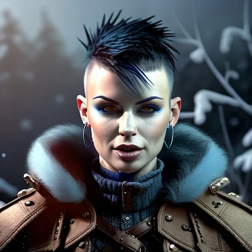 Prompt: There is a young woman with short dark mohawk fade hair, with piercings in her nose and lower lip. Her facial expression is neutral. The person is dressed in blue leather armor for winter. In the background, you can see a medieval village surrounded by a pine forest, creating an authentic cold boreal climate. (Comic book illustration)