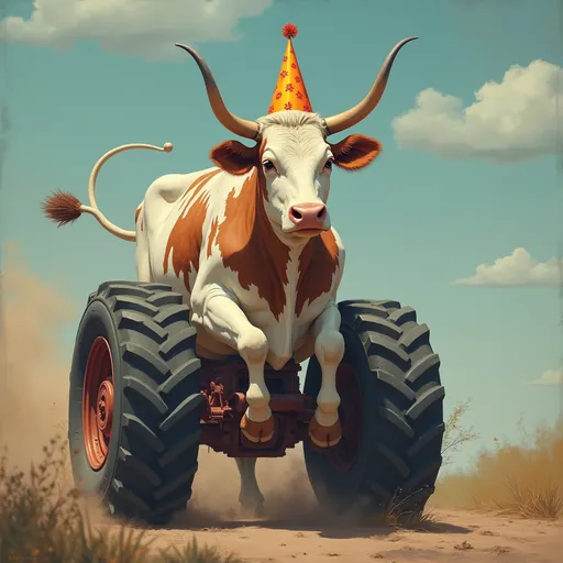 Prompt: a cow wearing a party hat driving a tire