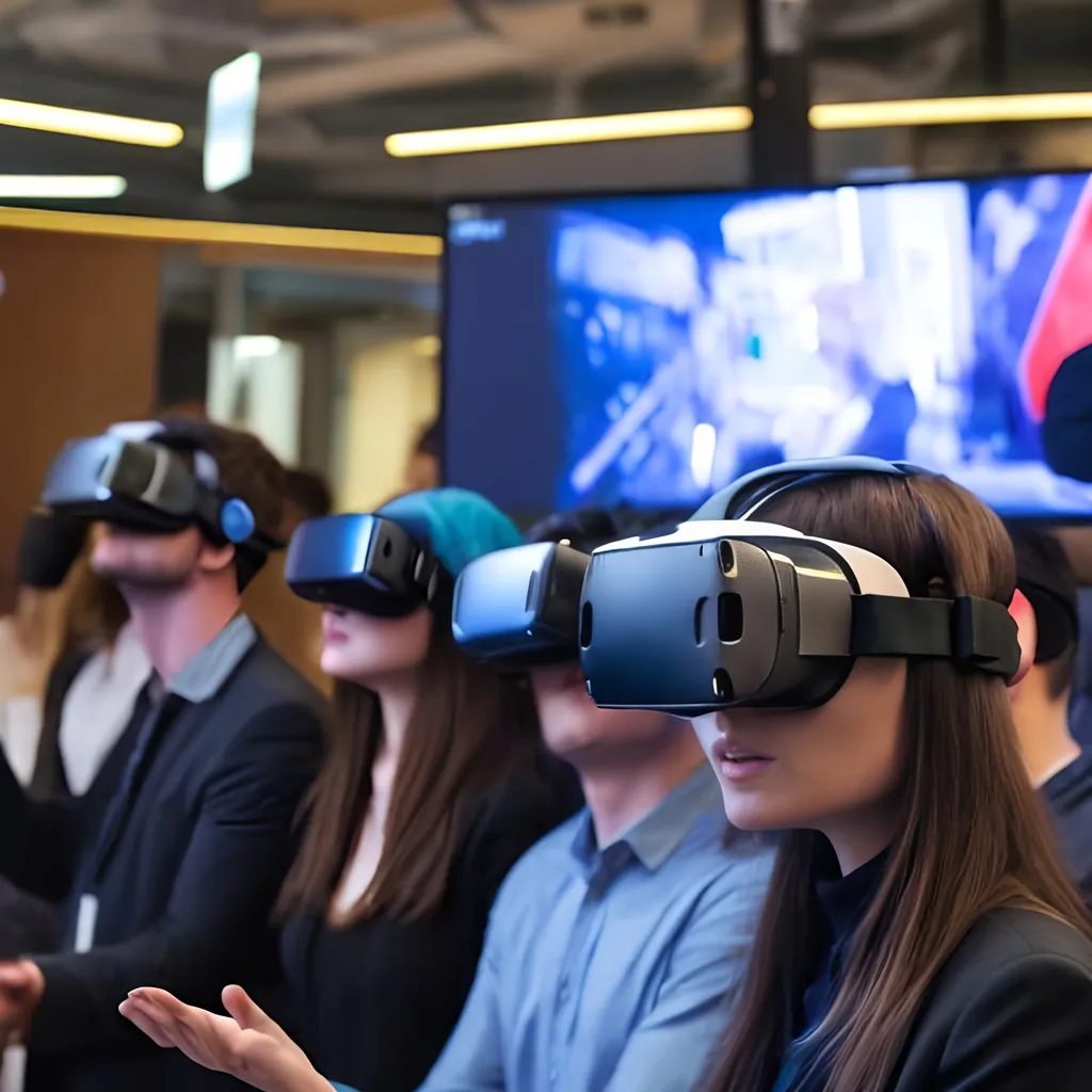 Prompt: Woman wearing VR headset with a business crowd looking on while showing the VR view on a large monitor
