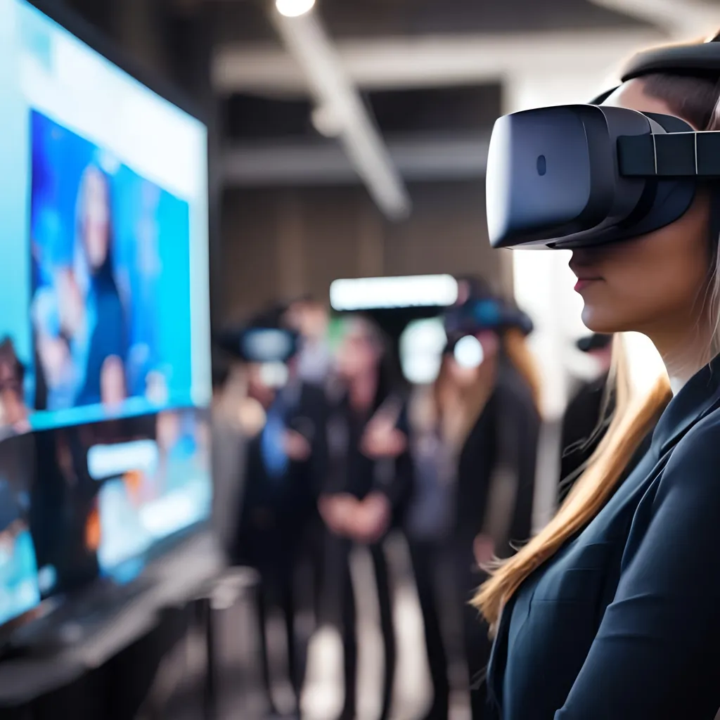 Prompt: Woman wearing VR headset with a business crowd looking on while showing the VR view on a large monitor
