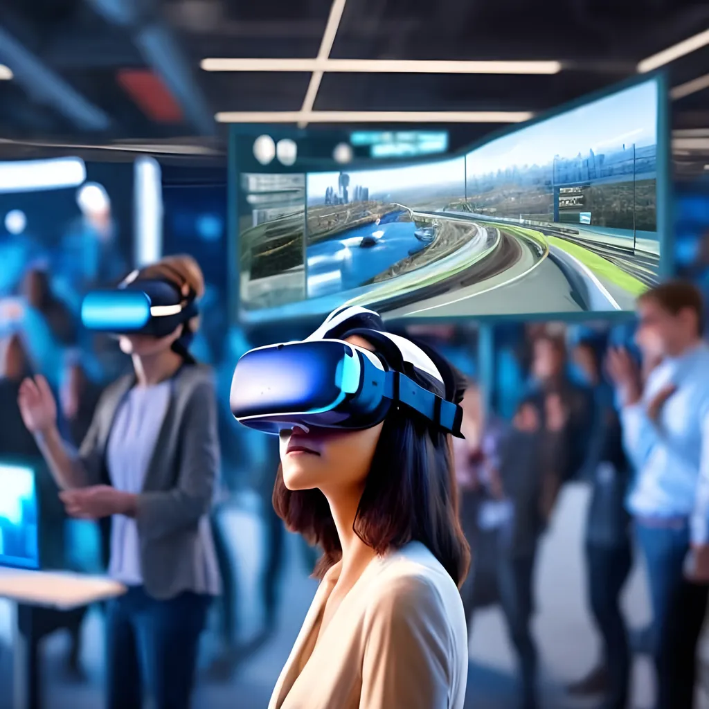Prompt: Woman wearing VR headset with a business crowd looking on while showing the VR view of a 3d highway on a large monitor
