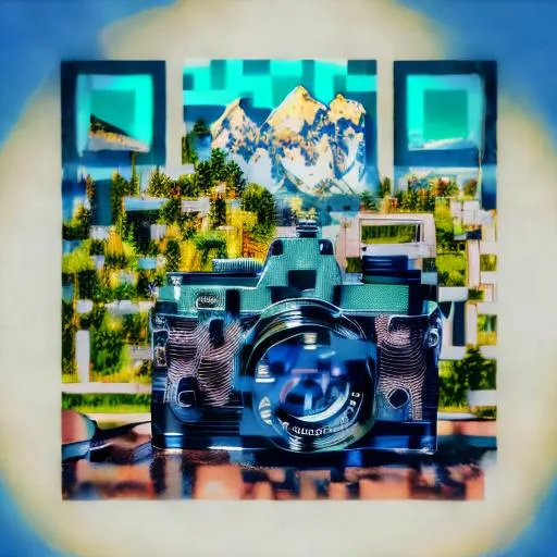 Prompt: It describes the music, camera, with forest mountain  background, show the old  camera  in foreground
