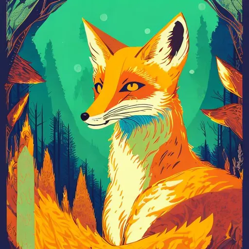 Prompt: Detailed illustration of a lady fox, gazing at a YELLO concert poster, vibrant art style, warm tones, woodland setting, detailed fur with warm highlights, focused gaze, retro-themed poster, high quality, detailed, vibrant, warm tones, woodland, concert poster, lady fox, detailed eyes, vintage design, professional, dynamic lighting