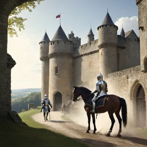 Prompt: A knight and a horse leaving a castle