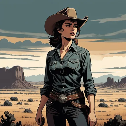 Prompt: Woman cowboy, landfields, detailed, dark colors, dramatic, graphic novel illustration,  2d shaded retro comic book