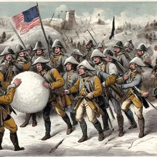 Prompt: soldiers from continental army carrying a giant snowball as a group
