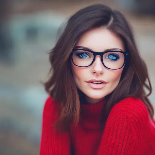 Prompt: A pretty brunette woman with blue eyes wearing glasses and a red sweater
