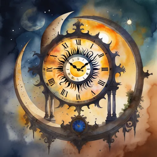 Prompt: digital watercolor painting, moon meeting sun inside which is an ancient clock , 