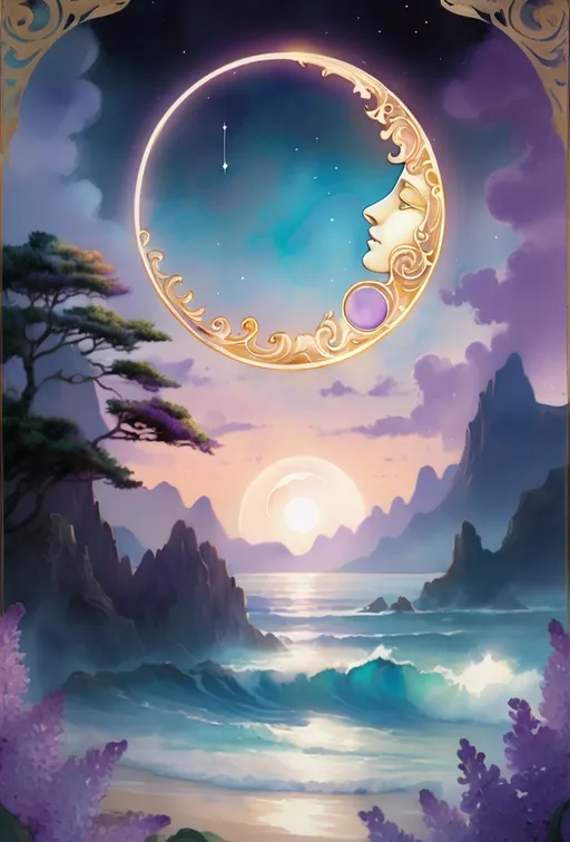 Prompt: digital watercolor painting, sun rising from lilac flower on left top and moon rising from cerulean tides on right top corner with ancient ring like  artifact in the middle
 