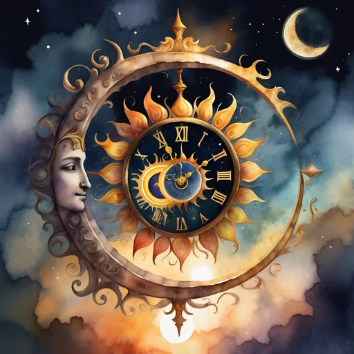 Prompt: digital watercolor painting, moon meeting sun inside which is an ancient clock , 