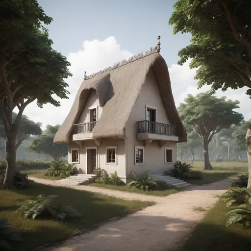 Prompt: Modernised baroque inspired  congolese Pygmy home, volumetric natural light, ultra realistic, vray, far view, perspective landscape