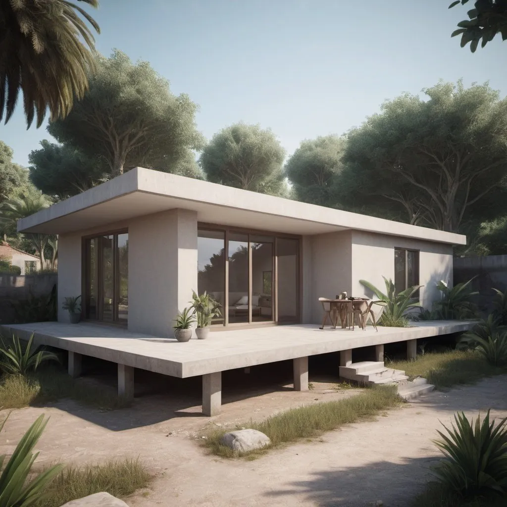 Prompt: Modernised cannes inspired  one-story congolese Pygmy home, volumetric natural light, ultra realistic, vray, far view, perspective landscape