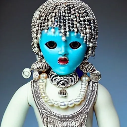 Prompt:  A doll covered in this type of jewelry. Inspired sacred oasis known as Safi Wata. Has to scream luxury. Silver, pearl, purity, beauty, and blessings