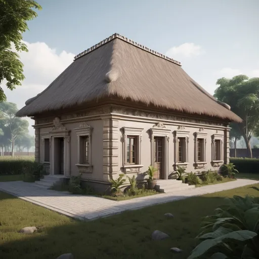Prompt: Modernised baroque inspired  one-story congolese Pygmy home, volumetric natural light, ultra realistic, vray, far view, perspective landscape