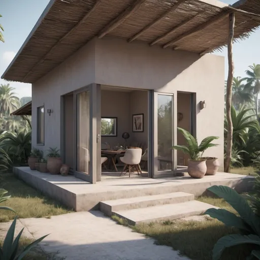 Prompt: Modernised cannes inspired  one-story congolese Pygmy home, volumetric natural light, ultra realistic, vray, far view, perspective landscape